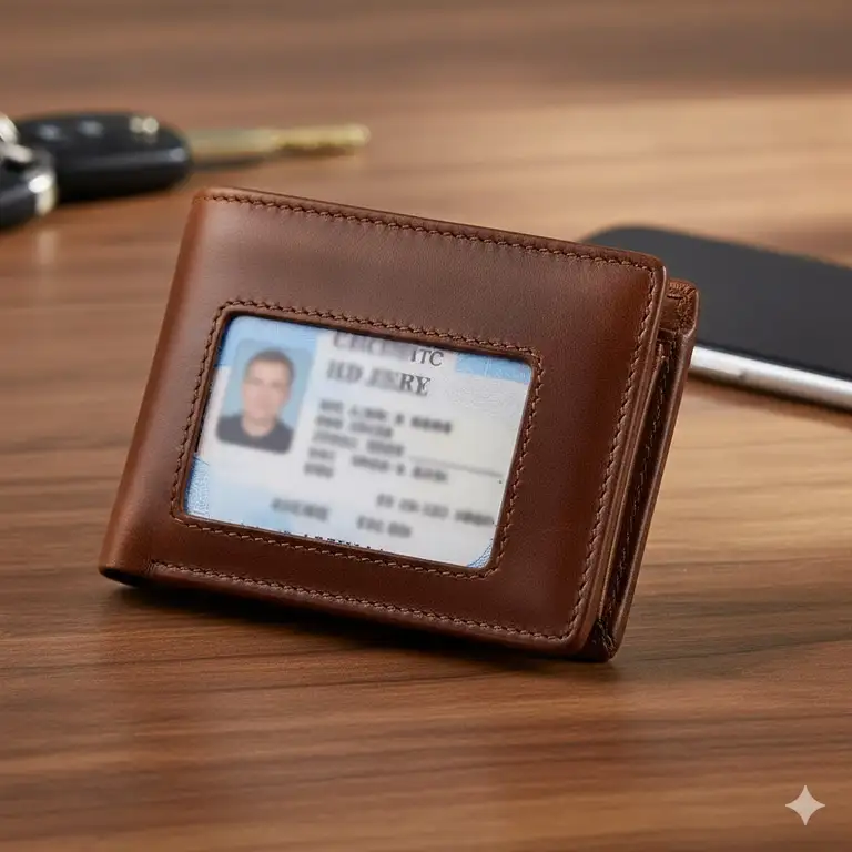 A brown leather mens wallet with ID window on outside displayed on a wooden surface, ready for daily use.