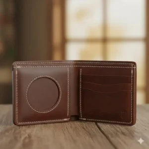 Close-up of a classic bifold style badge wallets for firefighters, highlighting the durable stitching and premium leather material.