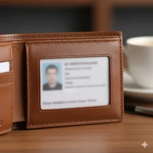 Close-up of the clear ID window on the bifold wallet with id flap, securely holding a driver's license or work badge.