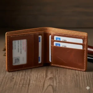 View of the interior of the buffalo leather wallet, highlighting the multiple credit card slots and clear ID window.