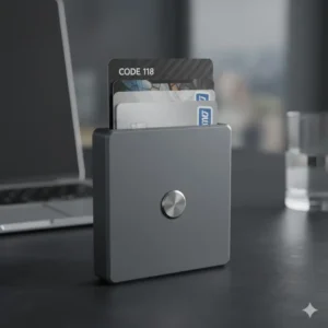 Close-up view of the card ejection mechanism on the code 118 slate gray wallet for quick card access.