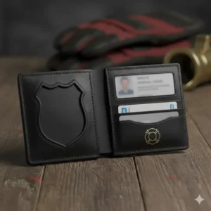 Close-up of the fire badge wallet interior, highlighting multiple card slots, ID window, and a secure badge holder flap.