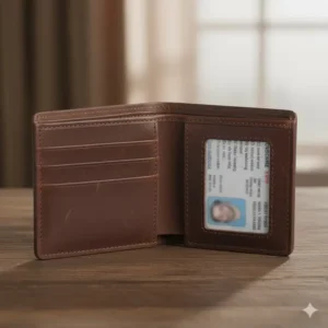 Leather bifold wallet with id window completely open, clearly showing the ID window pocket for quick access to a driver's license.
