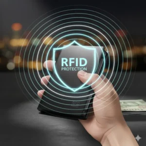 Hand holding the rfid aluminum wallet with a graphic showing the RFID blocking protection signal.