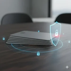 Close-up of RFID blocking sleeves protecting a stack of credit cards from digital theft.