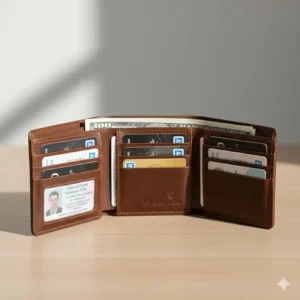 The rfid tri fold wallet fully open, showing ample capacity for cash, IDs, and multiple credit cards.