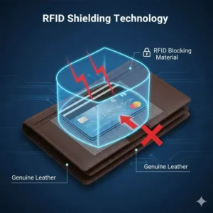 Detailed diagram illustrating the blocking technology protecting cards inside the rfid trifold wallet from digital theft.
