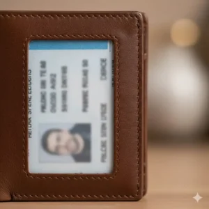Close-up of the transparent ID window on outside of a mens wallet, showing clear visibility for identification.