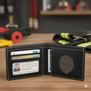 Detail view of the ID window and credit card slots inside high-quality badge wallets for firefighters.