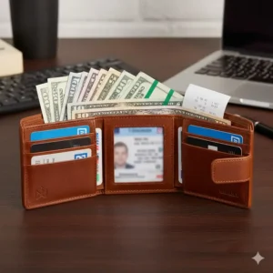Full capacity view of the bifold wallet with id flap holding multiple cards and US currency in the bill compartment.