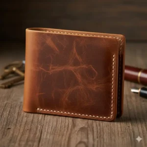 Distressed back texture of the buffalo leather wallet showing the unique natural grain and potential patina development.