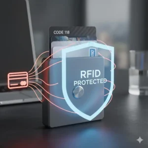 Diagram showing the RFID protection feature of the code 118 slate gray wallet securing credit cards from theft.