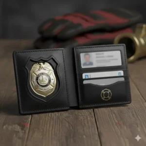 Fire badge wallet holding a polished metallic fire department badge securely in the recessed, custom-cut leather slot.