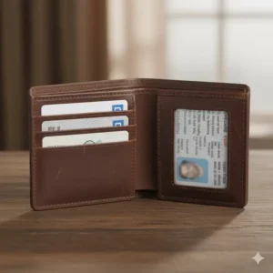 Detail view of the full-grain leather bifold wallet with id window interior, highlighting the secure, ample card slots and the clear ID window.