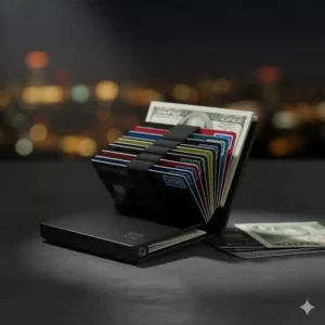 Open interior view of the rfid aluminum wallet showing slots for multiple cards and folded cash.