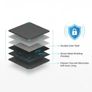 Diagram showing the layered material and technology used in high-quality RFID blocking sleeves.