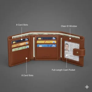 An open view of the spacious rfid trifold wallet, showcasing multiple card slots and currency pockets.