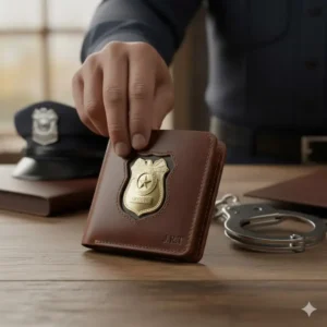 Step-by-step image of a police officer inserting a badge securely into a custom badge wallet.