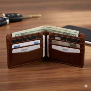 An open brown mens wallet revealing multiple card slots and cash compartment, with the ID window on outside feature visible.