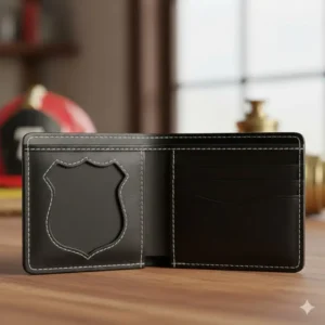 An empty wallet showing the precise, recessed cutout shape designed to perfectly fit a standard fire department shield or star in badge wallets for firefighters.