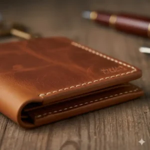Close-up detail of the heavy-duty thread and handmade stitching on the edge of the buffalo leather wallet.