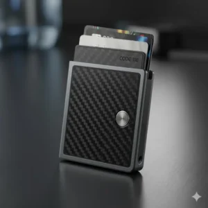 Detailed texture of the aerospace aluminum material used for the code 118 slate gray wallet construction.