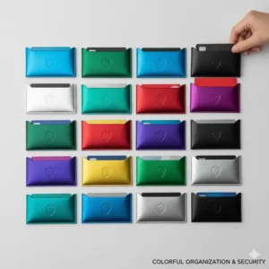A variety pack of colorful debit card sleeves and credit card holders, making it easy to organize.
