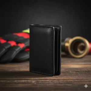 A profile shot of the slim fire badge wallet when closed, illustrating its compact design for comfortable pocket carry.