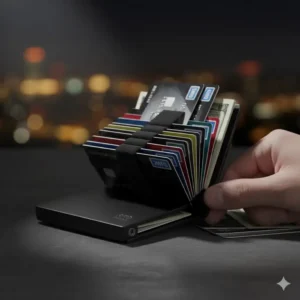 Detailed image of the quick-access rfid aluminum wallet card pop-up mechanism in action.