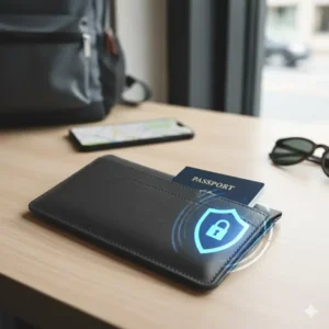 A passport securely placed inside an extra-large RFID blocking sleeve for travel security.