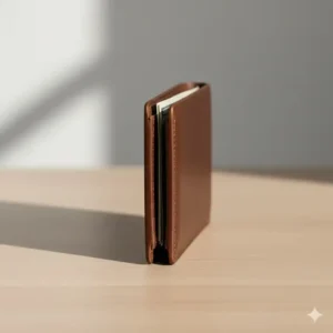 Slim profile side view demonstrating the compact size of the rfid tri fold wallet, even when full.