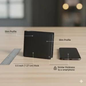 A side-by-side comparison showing the surprisingly slim profile of the rfid trifold wallet next to a standard phone.