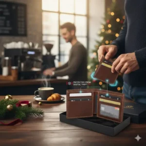 Slim profile of the closed bifold wallet with id flap, demonstrating minimal bulk for front pocket carry.