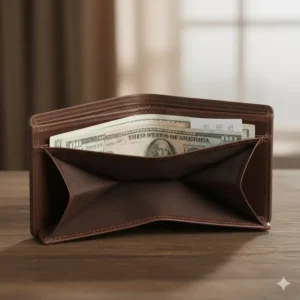 The spacious, lined bill compartment of the slim leather bifold wallet with id window, demonstrating capacity for folded cash and receipts.