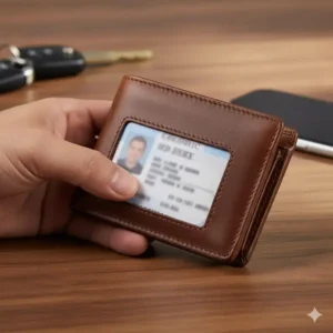 A hand holding a brown mens wallet with ID window on outside, demonstrating the ease of showing ID without opening the wallet.