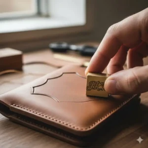 Personalization detail: Monogrammed custom badge wallet featuring debossed initials on the cover.