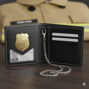 Black leather badge wallets for firefighters equipped with a removable neck chain, allowing for discreet wearing under a shirt.