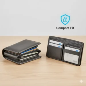 Image demonstrating how thin and compact the best RFID blocking sleeves are, fitting easily into a standard wallet.