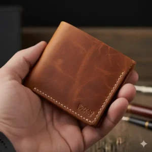 A slim buffalo leather wallet being held in a man's hand for a clear size and thickness comparison.