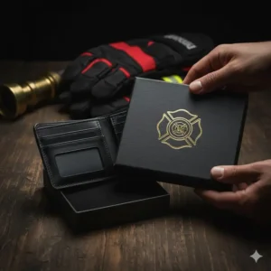 Unboxing a new fire badge wallet shown in its protective presentation box, emphasizing product quality.