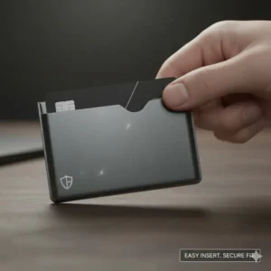 A hand smoothly inserting a debit card into protective paper or metallic debit card sleeves.