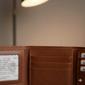 Detailed shot of the high-quality leather texture used for the construction of the bifold wallet with id flap.