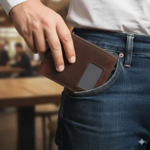 A men's leather bifold wallet with id window placed neatly inside the back pocket of blue jeans, showcasing its compact, slim design.