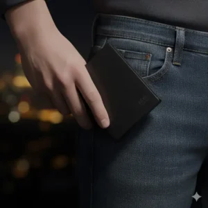 The rfid aluminum wallet is securely stored in the front pocket of a pair of pants, highlighting its slim profile.