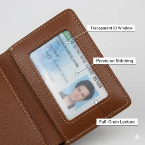 Close-up shot of the transparent ID window feature in the interior of the secure rfid trifold wallet.