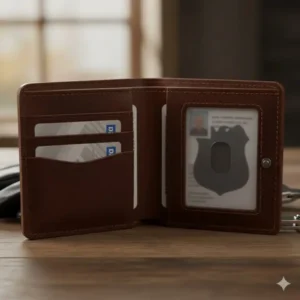 Interior view of a custom badge wallet displaying a clear ID window and multiple credit card slots.