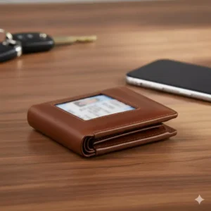 Side view of a slim brown mens wallet with ID window on outside, highlighting its compact design.