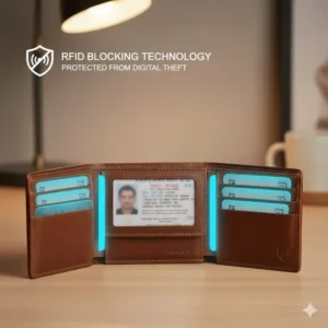 Diagram highlighting the RFID-blocking technology built into the card slots of the bifold wallet with id flap.
