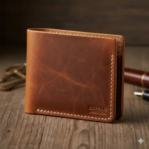 A rugged buffalo leather wallet trifold option, designed for maximum capacity and durability.