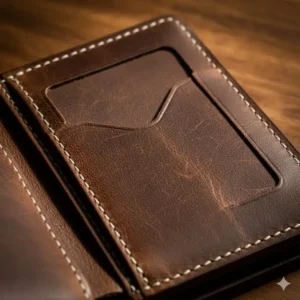 Close-up macro shot detailing the genuine leather texture and stitching of the leather bifold wallet with id window, emphasizing its quality and durability.